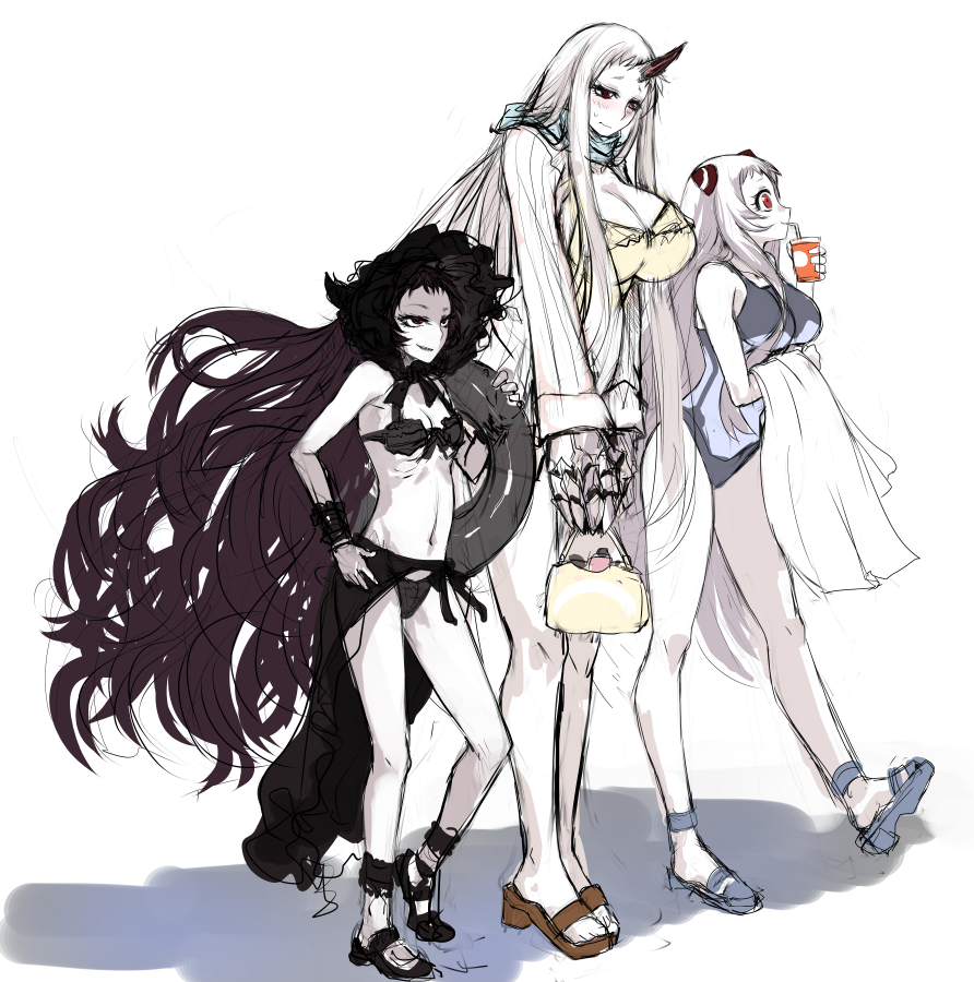 10s, 3girls, abyssal_ship, airfield_princess, bag, bikini, black_bikini, black_hair