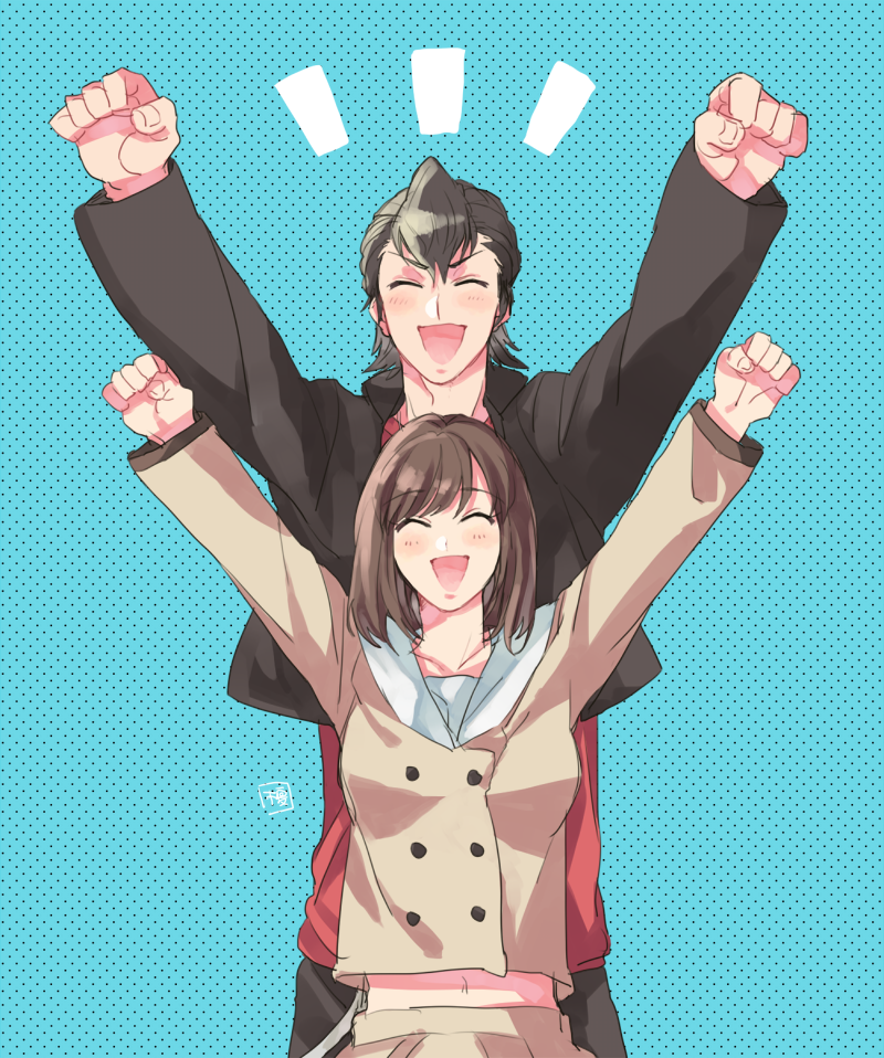 1boy, 1girl, arms_up, brown_hair, eno_yukimi, closed_eyes, kamen_rider, kamen_rider_fourze_(series)