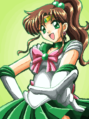 1girl, :d, bishoujo_senshi_sailor_moon, bow, brown_hair, choker, circlet, dragon_(artist), elbow_gloves, female_focus, gloves, green_eyes, green_skirt, high_ponytail, kino_makoto, long_hair, lowres, m/, oekaki, open_mouth, outstretched_arm, pink_bow, pleated_skirt, ponytail, retro_artstyle, sailor_jupiter, skirt, smile, solo