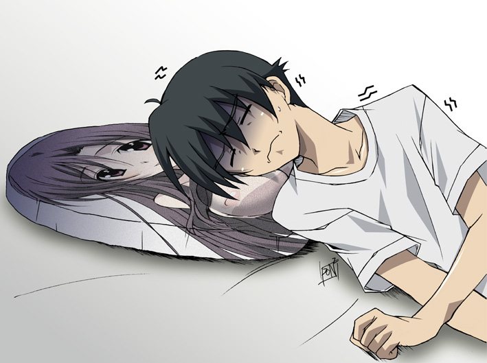 00s, 1boy, breast_pillow, breasts, head_on_pillow, itou_makoto_(school_days), katsura_kotonoha, lonely