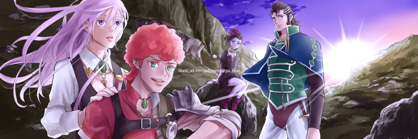 10s, 2boys, 2girls, afro, amira_(shingeki_no_bahamut), bad_id, bad_pixiv_id, black_hair