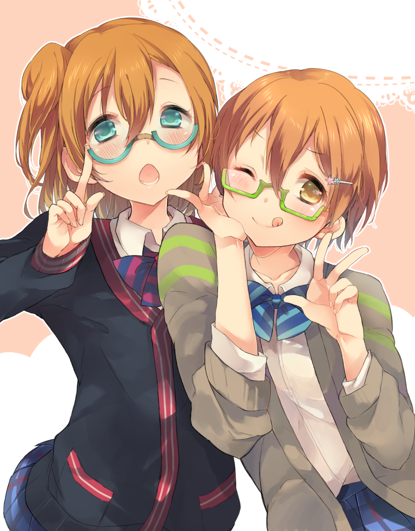 10s, 2girls, :q, ;q, aqua-framed_glasses, aqua_eyes, bespectacled, blush