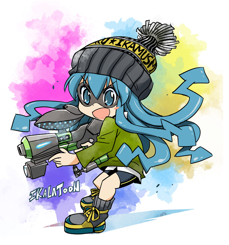 >:d, 1girl, :d, alternate_costume, alternate_headwear, bare_legs, beanie, bike_shorts, blue_eyes, blue_hair, blush_stickers, brand_name_imitation, cosplay, crossover, domino_mask, eye_mask, female_focus, gun, hat, hero_shot_(splatoon_1), holding, holding_gun, holding_weapon, ikamusume, inkling_player_character, inkling_player_character_(cosplay), long_hair, mask, matching_hair/eyes, muramasa_mikado, nintendo, open_mouth, parody, shinryaku!_ikamusume, shoes, shorts, smile, sneakers, solo, splatoon_(series), splatoon_1, squid_girl, tentacle_hair, v-shaped_eyebrows, water_gun, weapon