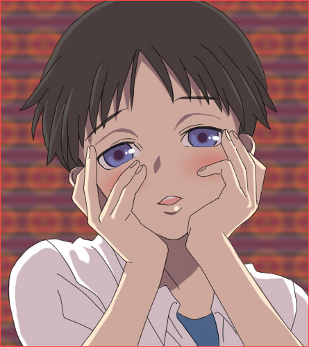 1boy, androgynous, blue_eyes, blush, hands_on_own_face, ikari_shinji, looking_at_viewer, lowres