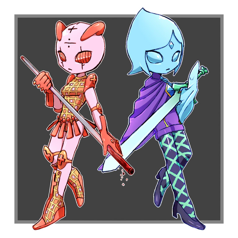 2girls, blue_hair, cape, crossover, fi_(zelda), high_heels, jojo_no_kimyou_na_bouken, kamiura, multiple_girls, nintendo, no_humans, pantyhose, spice_girl_(stand), staff, stand_(jojo), sword, the_legend_of_zelda, the_legend_of_zelda:_skyward_sword, weapon