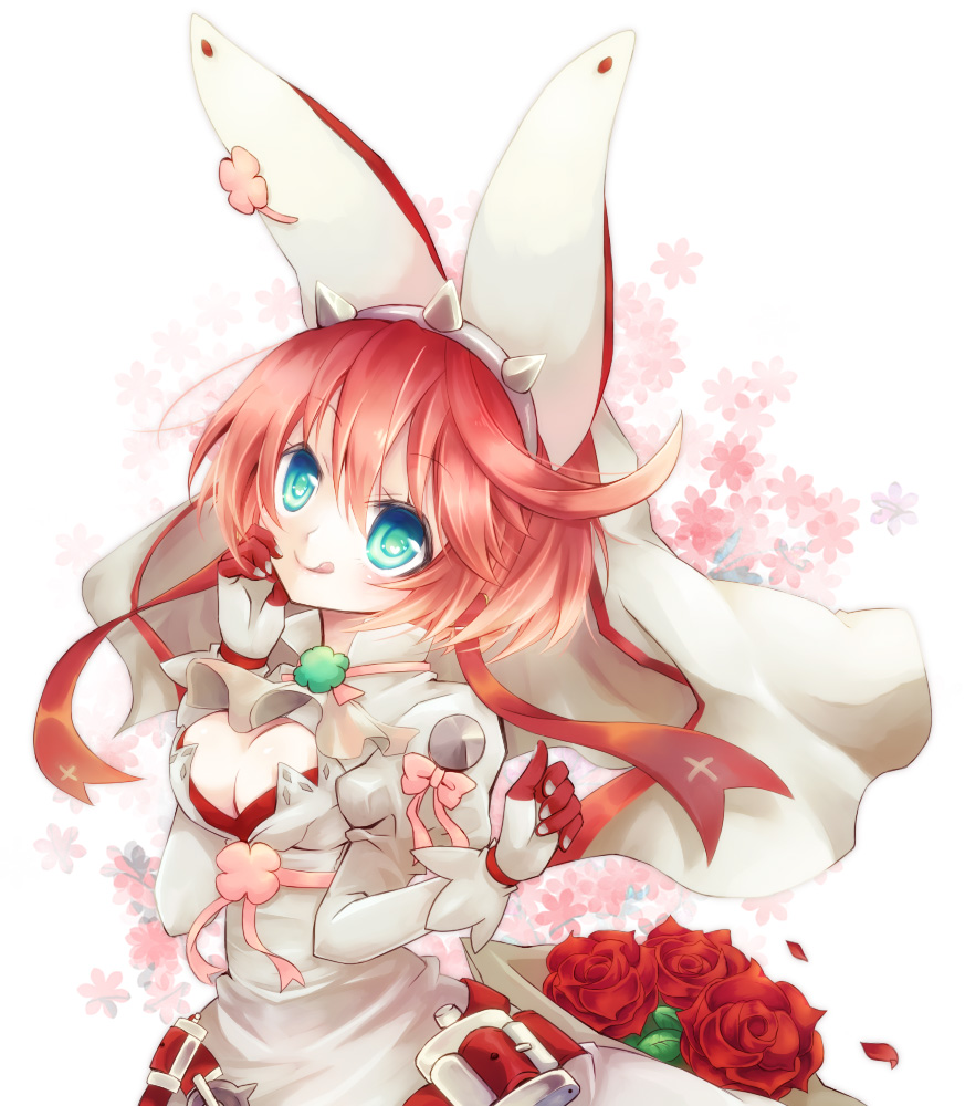 1girl, blue_eyes, clover, dress, elphelt_valentine, female_focus, flower, gloves, guilty_gear, guilty_gear_xrd, nekomoto, petals, pink_hair, red_flower, red_rose, ribbon, rose, rose_petals, short_hair, solo, spikes, tongue, tongue_out, veil
