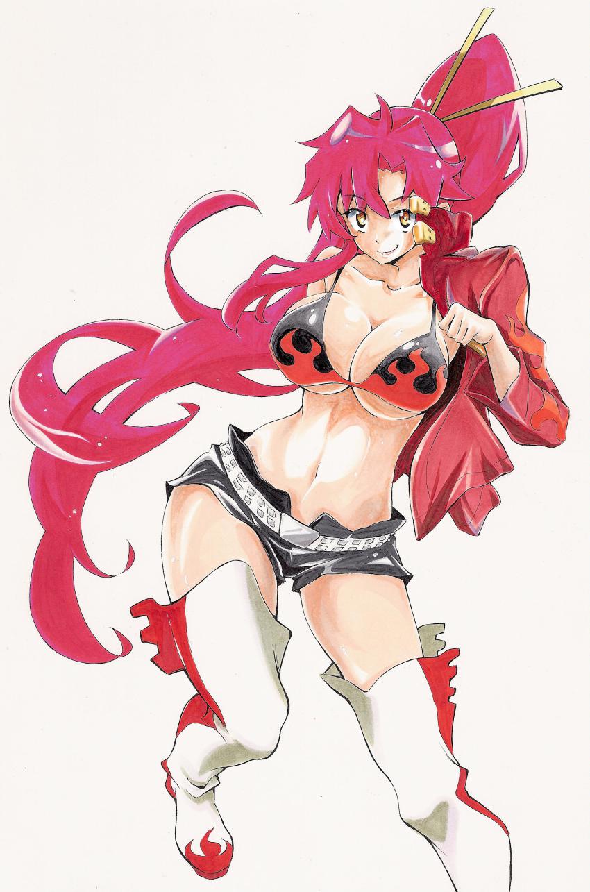 00s, 1girl, absurdres, belt, bikini, bikini_top_only, blush, boots, breasts, female_focus, gloves, hair_ornament, highres, huge_breasts, juuzou_(amayuu112), large_breasts, long_hair, looking_at_viewer, ponytail, red_hair, short_shorts, shorts, smile, solo, swimsuit, tengen_toppa_gurren_lagann, thigh_boots, thighhighs, very_long_hair, white_boots, white_thighhighs, yellow_eyes, yoko_littner