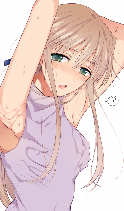 1boy, ?, androgynous, armpits, arms_up, bad_id, bad_pixiv_id, blush, chanta_(atama_tansan), chousoku_spinner, covered_erect_nipples, grabbing_another's_breast, green_eyes, groping, houjouin_seito, long_hair, male_focus, open_mouth, pectoral_grab, simple_background, solo_focus, trap, white_background