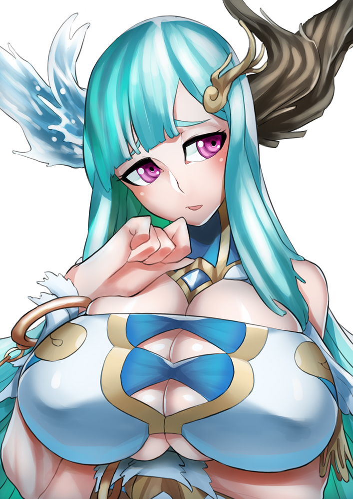 1girl, aqua_hair, ars_paulina_(p&amp;d), asymmetrical_horns, bare_shoulders, blue_hair, blunt_bangs, bracelet, breast_hold, breasts, bursting_breasts, cleavage, cleavage_cutout, clenched_hand, clothing_cutout, female_focus, hair_ornament, hand_on_own_chest, head_tilt, horns, huge_breasts, ion_(cation), jewelry, large_breasts, long_hair, looking_away, mismatched_horns, no_bra, open_mouth, parted_bangs, purple_eyes, puzzle_&amp;_dragons, raised_eyebrows, simple_background, skindentation, solo, upper_body, very_long_hair, white_background, wrist_cuffs