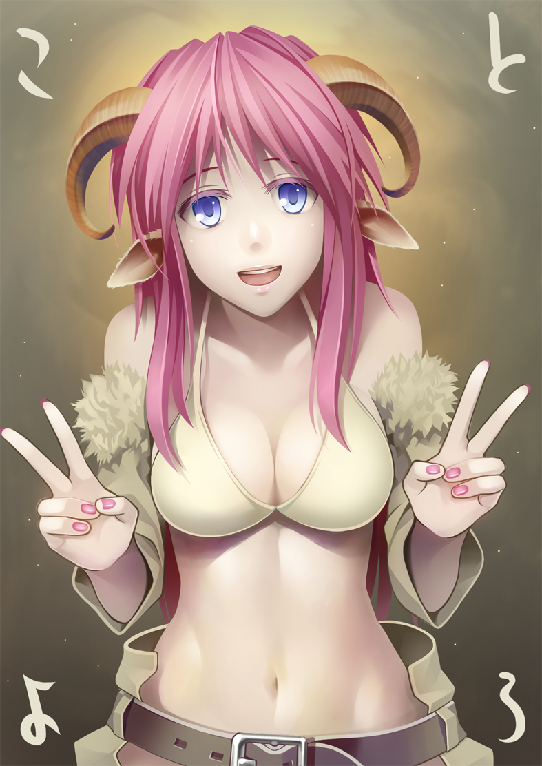1girl, 440_(straight440), :d, bare_shoulders, belt, bikini, bikini_top_only, blue_eyes