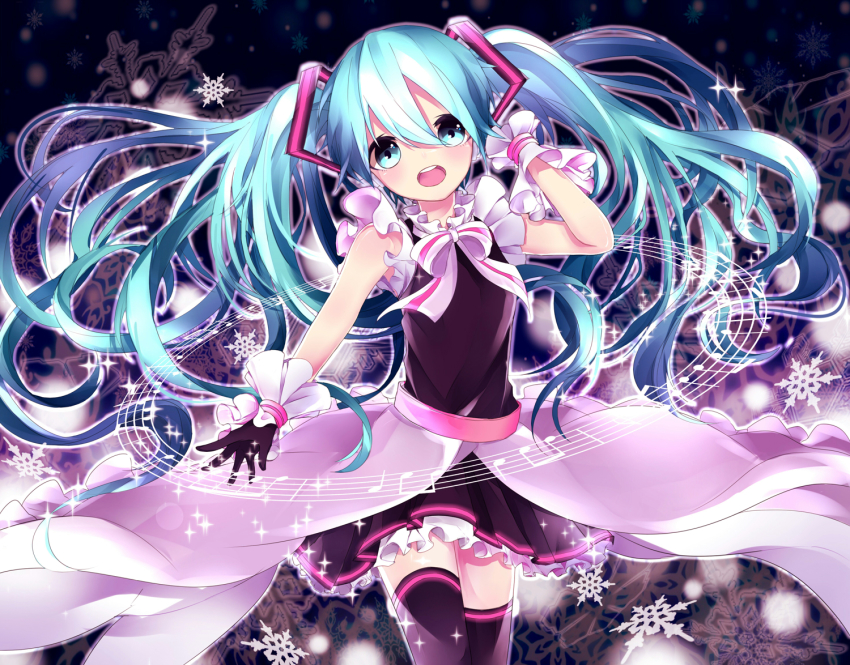 1girl, aqua_eyes, aqua_hair, beamed_quavers, female_focus, floating_hair, gloves, hatsune_miku