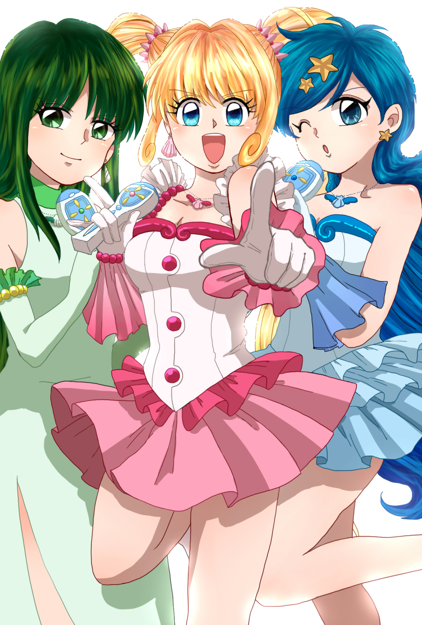 00s, 3girls, blonde_hair, blue_eyes, blue_hair, green_eyes, green_hair, highres