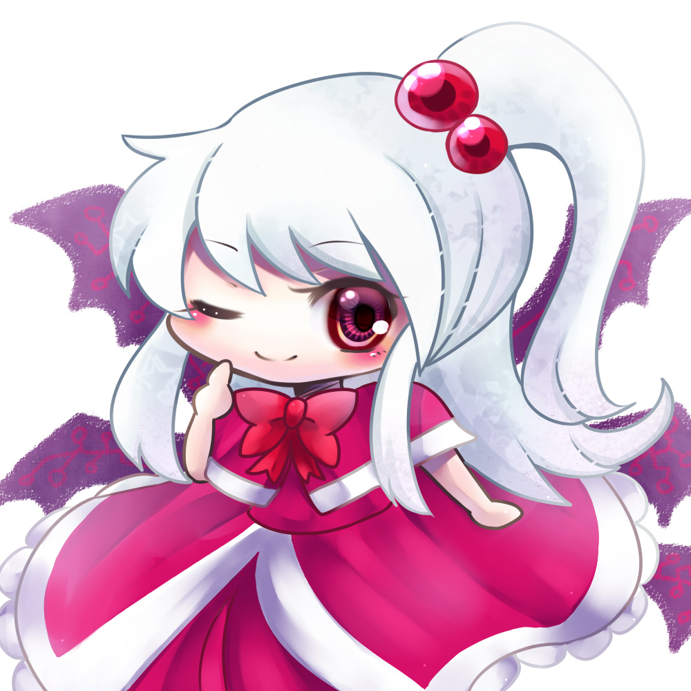 1girl, blush, chibi, dress, female_focus, hair_bobbles, hair_ornament, hand_on_own_face, nanai07, one_eye_closed, ponytail, red_eyes, ribbon, shinki_(touhou), solo, touhou, touhou_(pc-98), white_hair, wings, wink