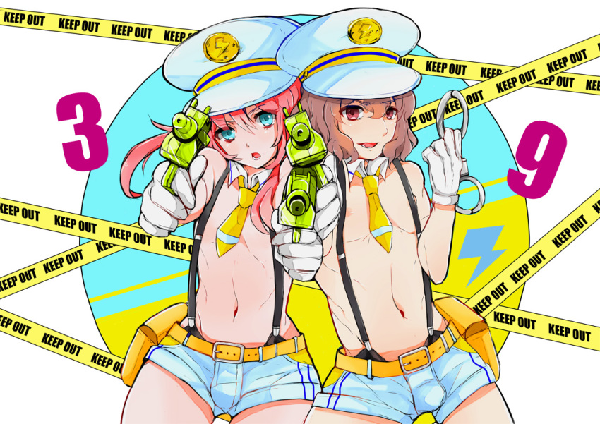 2boys, aiming, aiming_at_viewer, bad_id, bad_pixiv_id, belt, blue_eyes, brown_hair