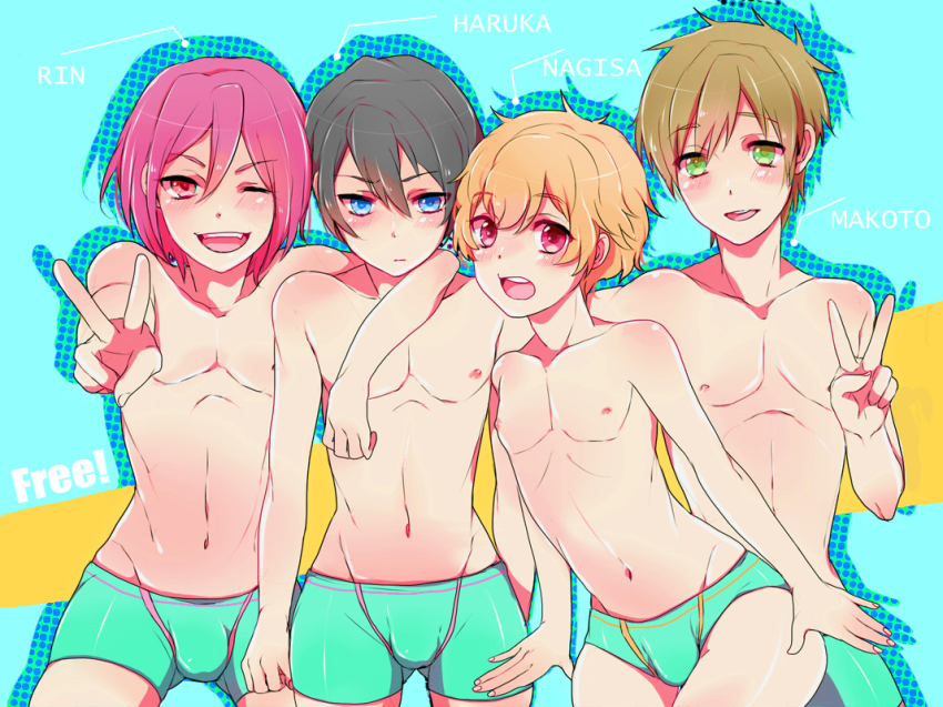 10s, 4boys, aqua_male_swimwear, bad_id, bad_pixiv_id, black_hair, blue_eyes, blue_male_underwear, blush, boxer_briefs, briefs, brown_hair, bulge, character_name, copyright_name, free!, hazuki_nagisa, high_speed!, looking_at_viewer, male_focus, male_swimwear, male_underwear, matsuoka_rin, multiple_boys, nanase_haruka_(free!), navel, nipples, oneichan, open_mouth, orange_hair, pink_hair, red_eyes, short_hair, swim_briefs, tachibana_makoto, thigh_gap, topless_male, underwear, underwear_only, v, wide_hips, yes