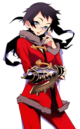 1girl, adjusting_eyewear, alchemist, alchemist_(sekaiju), alchemist_2_(sekaiju), atlus, black_gloves, black_hair