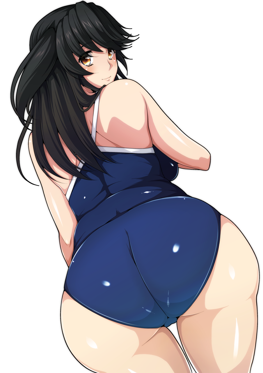1girl, ass, bad_id, bad_pixiv_id, bare_shoulders, black_hair, brown_eyes, competition_school_swimsuit, female_focus, from_behind, highres, hiromin, huge_ass, light_smile, long_hair, looking_at_viewer, looking_back, one-piece_swimsuit, original, school_swimsuit, solo, swimsuit, thigh_gap, thighs, wide_hips