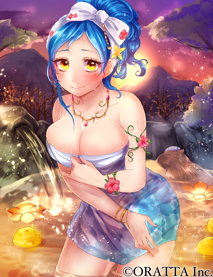 1girl, blue_hair, blush, bracelet, breasts, cleavage, female_focus, flower, food, fruit, hairband, jewelry, large_breasts, mole, mole_under_eye, momohime_ryouran!_sengoku_asuka, naked_towel, nanase_chiori, necklace, onsen, orange_(fruit), original, ponytail, sky, smile, solo, sunset, towel, water, yellow_eyes, yuzu_(fruit)