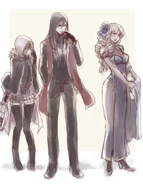 1boy, 2girls, black_hair, black_legwear, blonde_hair, cigar, drill_hair, fate/stay_night, fate/zero, fate_(series), gray_(fate), hair_between_eyes, hood, hoodie, long_hair, lord_el-melloi_ii, lord_el-melloi_ii_case_files, luviagelita_edelfelt, multiple_girls, aged_up, pantyhose, ringlets, standing, tekka_makina, tetsumaki, thighhighs, waver_velvet
