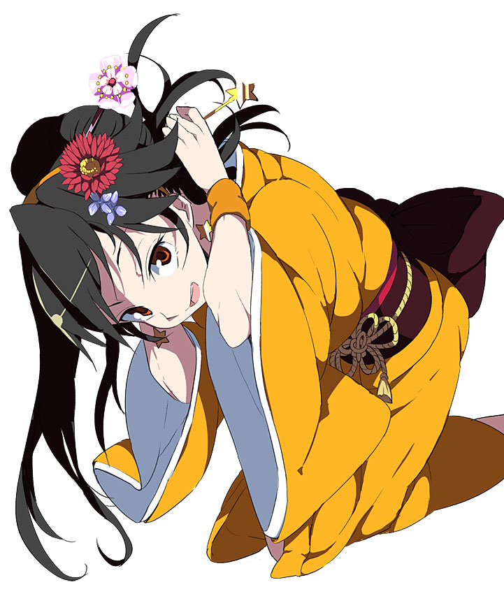 1girl, adjusting_hair, black_hair, brown_eyes, female_focus, hair_ornament, hoshizora_kogane, japanese_clothes