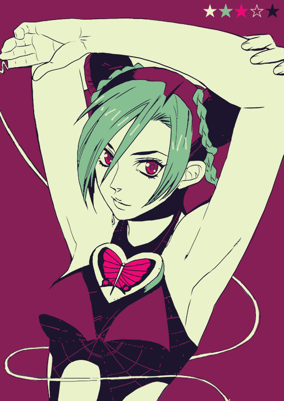 1girl, bad_id, bad_pixiv_id, braid, cone_hair_bun, double_bun, female_focus, hair_bun, jojo_no_kimyou_na_bouken, kuujou_jolyne, limited_palette, midriff, multicolored_hair, solo, tktg, two-tone_hair