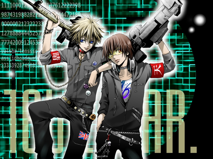 1boy, 1girl, belt, blonde_hair, brown_hair, child, hakuseki, lapel_pin