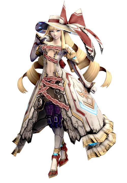 1girl, blonde_hair, blue_eyes, breasts, character_request, cleavage, full_body, garnet, hat, impossible_clothes, long_hair, looking_at_viewer, medium_breasts, phantasy_star, phantasy_star_nova, pointy_ears, sega, thighhighs, transparent_background, zettai_ryouiki