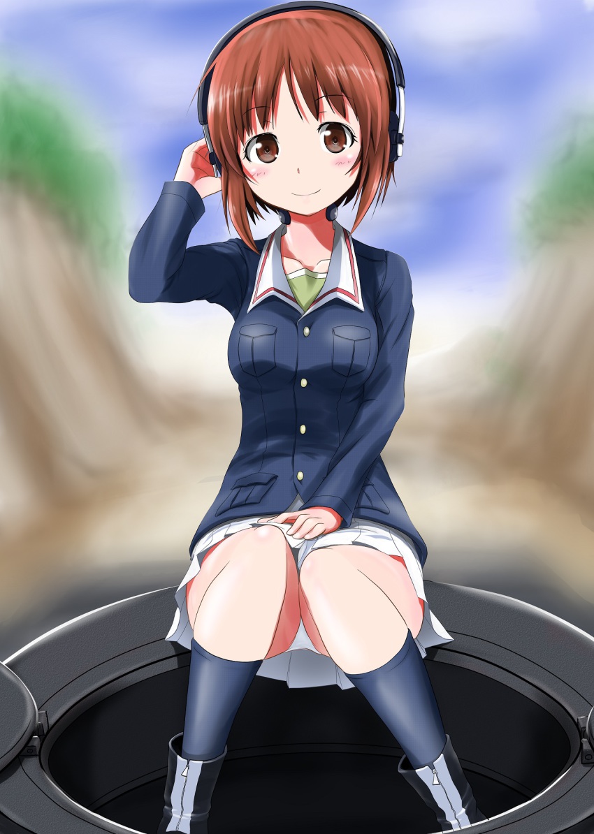 10s, 1girl, blue_socks, blurry, blush, boots, brown_eyes, brown_hair