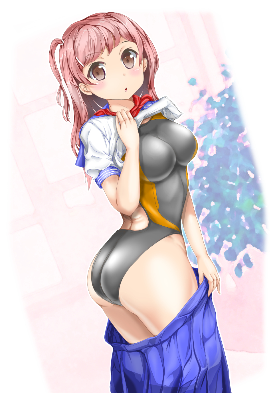 1girl, ass, brown_eyes, brown_hair, clothes_lift, competition_swimsuit, female_focus, highres, long_hair, mashinatsu, one-piece_swimsuit, one_side_up, original, reiji-sss, shirt_lift, side_ponytail, solo, swimsuit, swimsuit_under_clothes