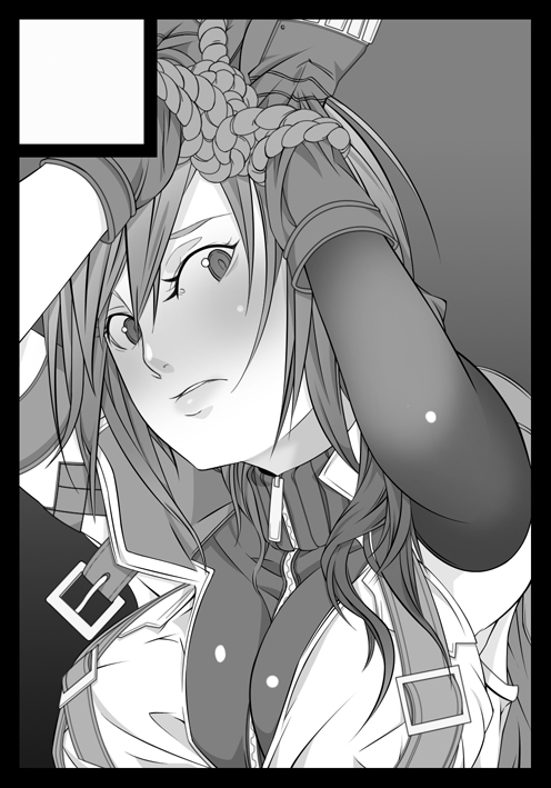 10s, 1girl, bdsm, belt, black_border, bondage, border, bound, bound_wrists, breasts, circle_cut, elbow_gloves, female_focus, final_fantasy, final_fantasy_xiii, ghost-q, gloves, greyscale, huge_breasts, lightning_farron, monochrome, rope, solo, zipper