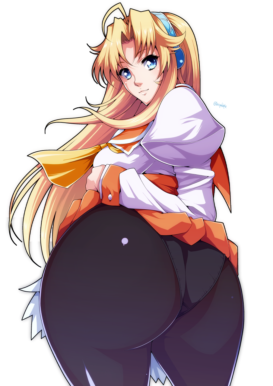 1girl, ahoge, ass, bad_id, bad_nijie_id, black_pantyhose, blonde_hair, blue_eyes