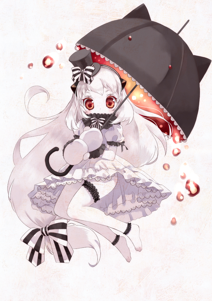 10s, 1girl, abyssal_ship, alternate_costume, ankle_garter, bare_legs, barefoot, bow, dress, frilled_dress, frilled_thigh_strap, frills, gothic_lolita, hair_bow, hair_ribbon, hairband, hat, hato_rami, holding, kantai_collection, lolita_fashion, long_hair, mini_hat, mini_top_hat, mittens, northern_ocean_princess, parasol, red_eyes, ribbon, thigh_strap, top_hat, umbrella, very_long_hair, white_hair