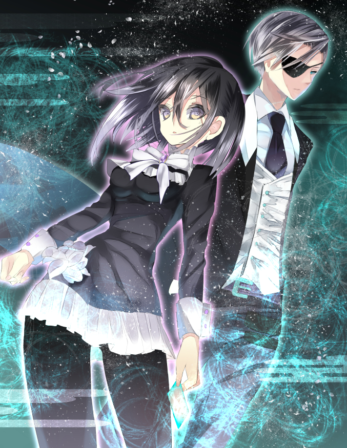 1boy, 1girl, amakawa_sakko, aqua_eyes, bad_id, bad_pixiv_id, black_hair, butler