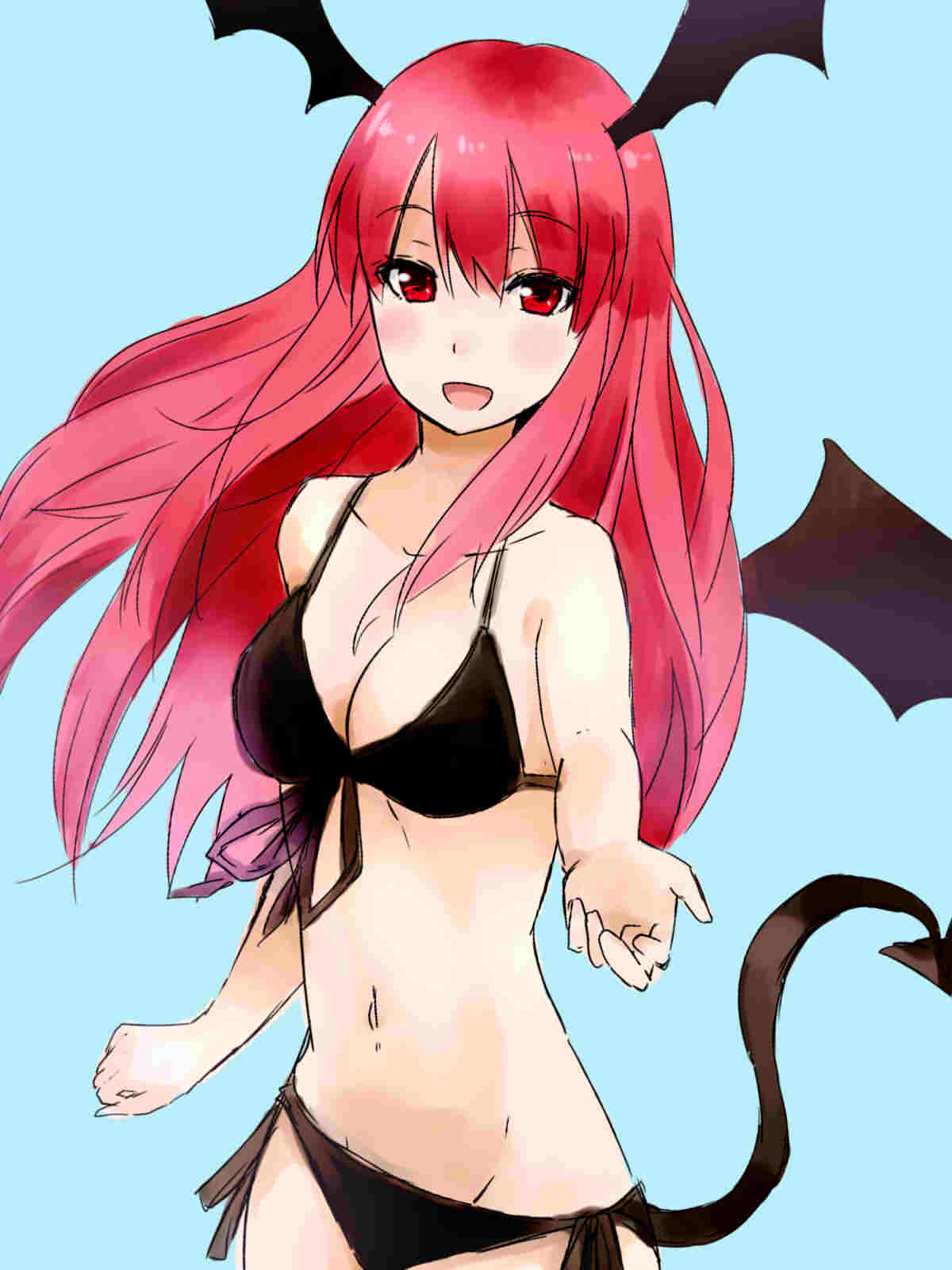 1girl, :d, bare_shoulders, bat_wings, bikini, black_bikini, blue_background, blush, breasts, cleavage, collarbone, commentary_request, demon_tail, female_focus, front-tie_top, head_wings, highres, jpeg_artifacts, koakuma, long_hair, looking_at_viewer, medium_breasts, nagata_nagato, navel, open_mouth, outstretched_arm, red_eyes, red_hair, side-tie_bikini_bottom, side-tie_bottom, simple_background, smile, solo, swimsuit, tail, touhou, wings