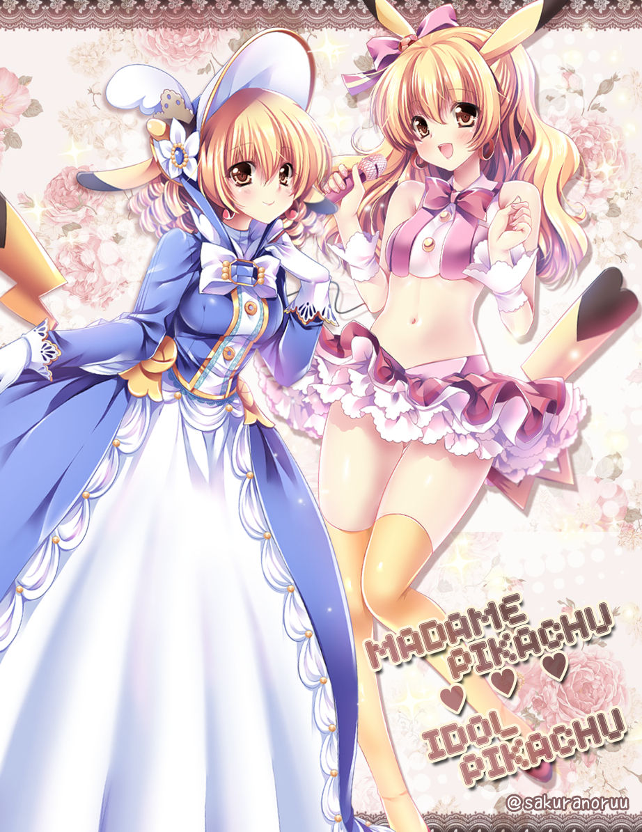 2girls, alternate_color, animal_ears, blonde_hair, blue_dress, blush, bow, bowtie