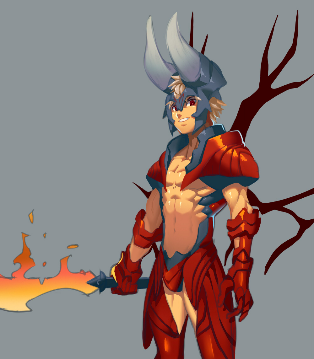 1boy, armor, bad_id, bad_pixiv_id, blade, blonde_hair, doom_(dota), dota_(series), dota_2, fire, gauntlets, helmet, horns, lvlv, male_focus, open_mouth, red_eyes, simple_background, smirk, solo, spiked_hair, sword, topless_male, weapon