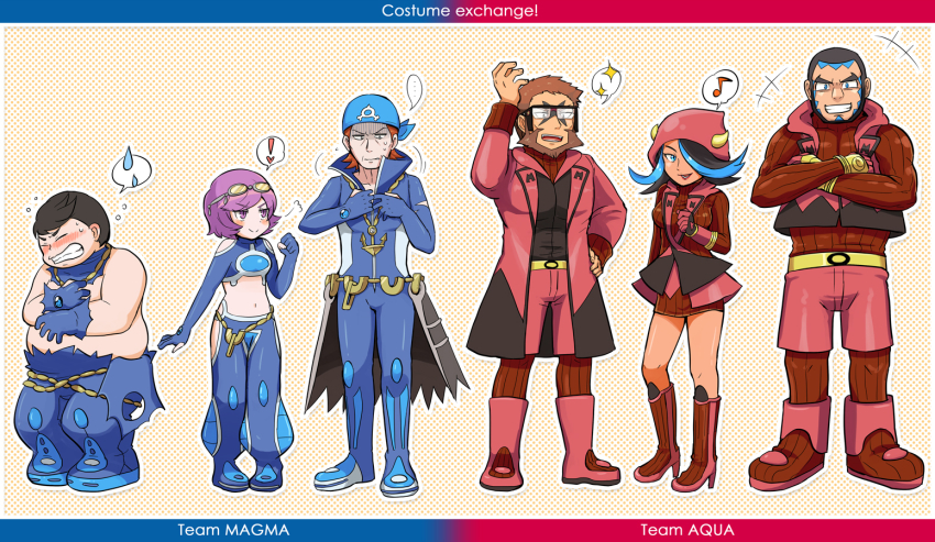 2girls, 4boys, archie_(pokemon), archie_(pokemon_oras), blush, clothing_cutout, cosplay, costume_switch