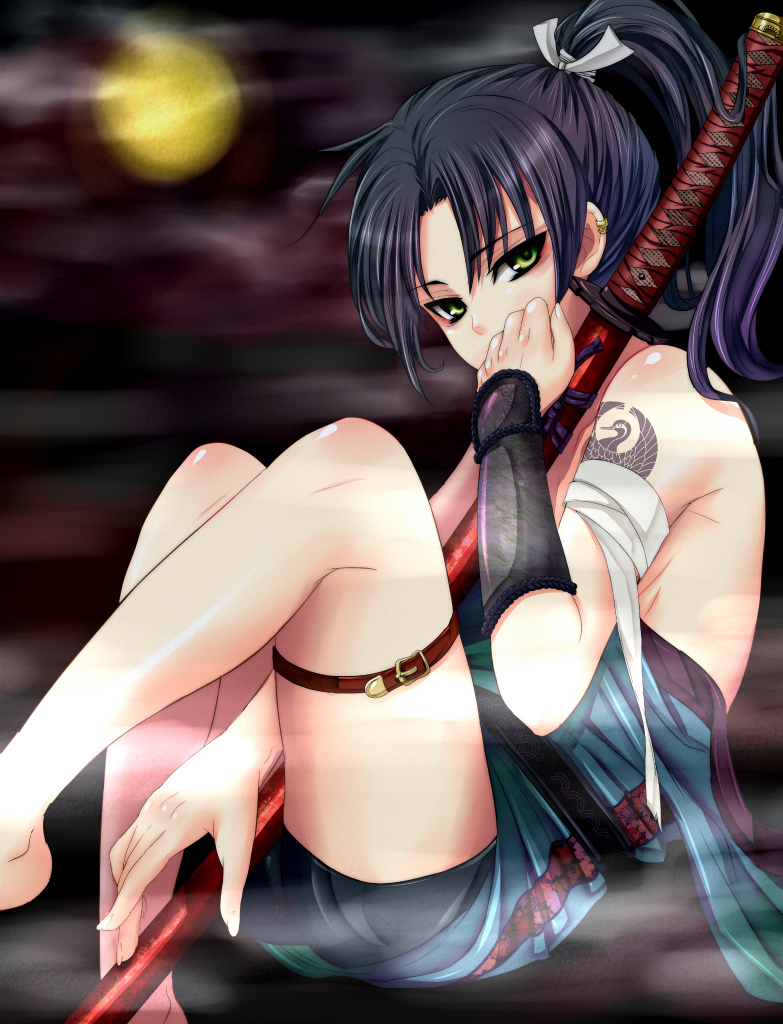 1boy, armband, barefoot, black_hair, bodypaint, child, fingernails, gauntlets, long_fingernails, long_hair, male_focus, mori_ranmaru_(sengoku_taisen), ootachi, ponytail, sengoku_taisen, sitting, solo, sword, tamashiro, tattoo, trap, weapon