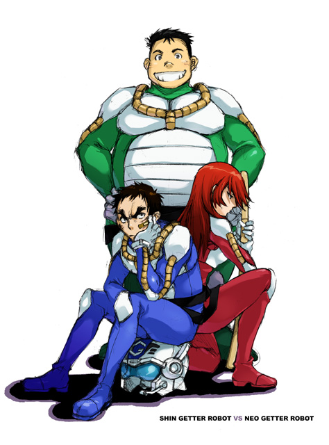 1girl, 2boys, angry, back-to-back, bandaid, black_hair, blue_bodysuit, bodysuit, eyebrows, fat, fat_man, frown, getter_robo, grin, hands_on_own_hips, head_rest, helmet, hime_cut, ichimonji_gou, kneeling, long_hair, masamichi_gai, multiple_boys, nakamura_kanko, pilot_suit, plump, red_hair, shadow, shin_getter_robo_vs_neo_getter_robo, short_hair, simple_background, sitting, smile, standing, tachibana_shou, toei_company