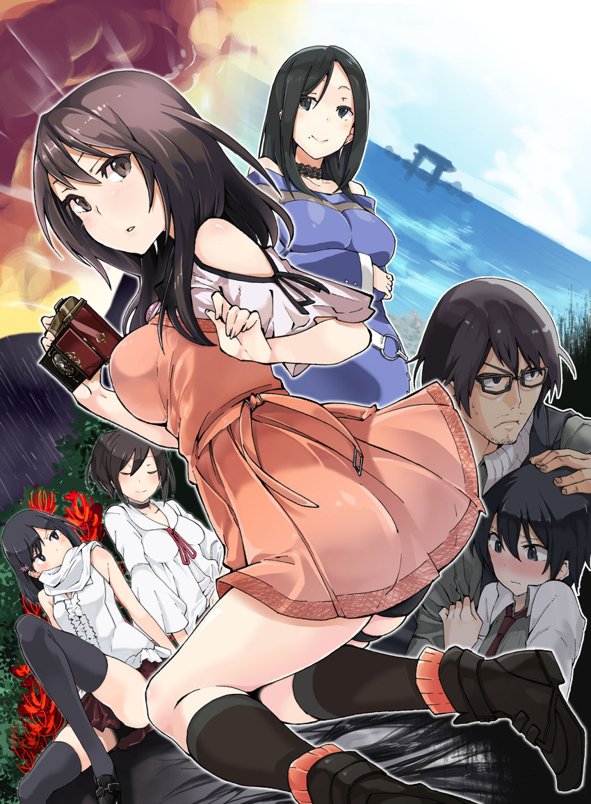 1boy, 5girls, ankle_boots, bare_shoulders, black_eyes, black_footwear, black_hair, black_legwear, blush, boots, breasts, brown_eyes, brown_hair, camera, choker, closed_eyes, facial_hair, fatal_frame, fatal_frame:_maiden_of_black_water, flower, glasses, hair_flower, hair_ornament, hand_on_another's_head, highres, hinasaki_miku, hinasaki_miu, holding, houjou_ren, kagamiya_rui, kozukata_yuuri, kurosawa_hisoka, makusu, mole, multiple_girls, necktie, parted_lips, shirt, skirt, sleeveless, sleeveless_shirt, smile, stubble, tecmo, thighhighs