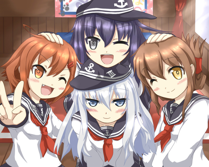 10s, 4girls, akatsuki_(kancolle), anchor_symbol, black_hair, blouse, blue_eyes, brown_hair, curtains, flat_cap, folded_ponytail, hair_ornament, hairclip, hat, hibiki_(kancolle), ikazuchi_(kancolle), inazuma_(kancolle), kantai_collection, long_hair, long_sleeves, multiple_girls, office, open_mouth, school_uniform, scroll, senken_kiyohiko, serafuku, shirt, short_hair, skirt, smile, sunlight, table, v