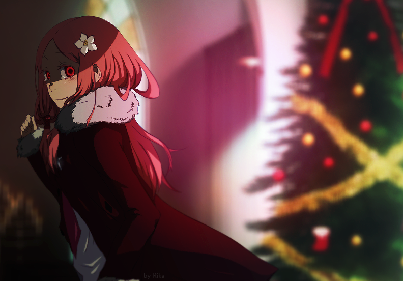 10s, 1girl, christmas_lights, christmas_tree, female_focus, flower, guilty_crown, hair_flower