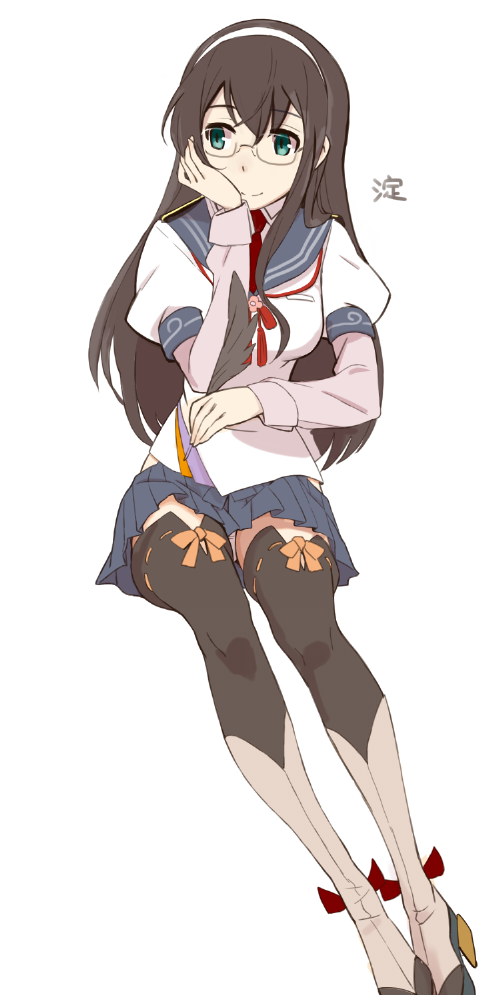 10s, 1girl, black_hair, blue_skirt, boots, clothing_cutout, female_focus, glasses