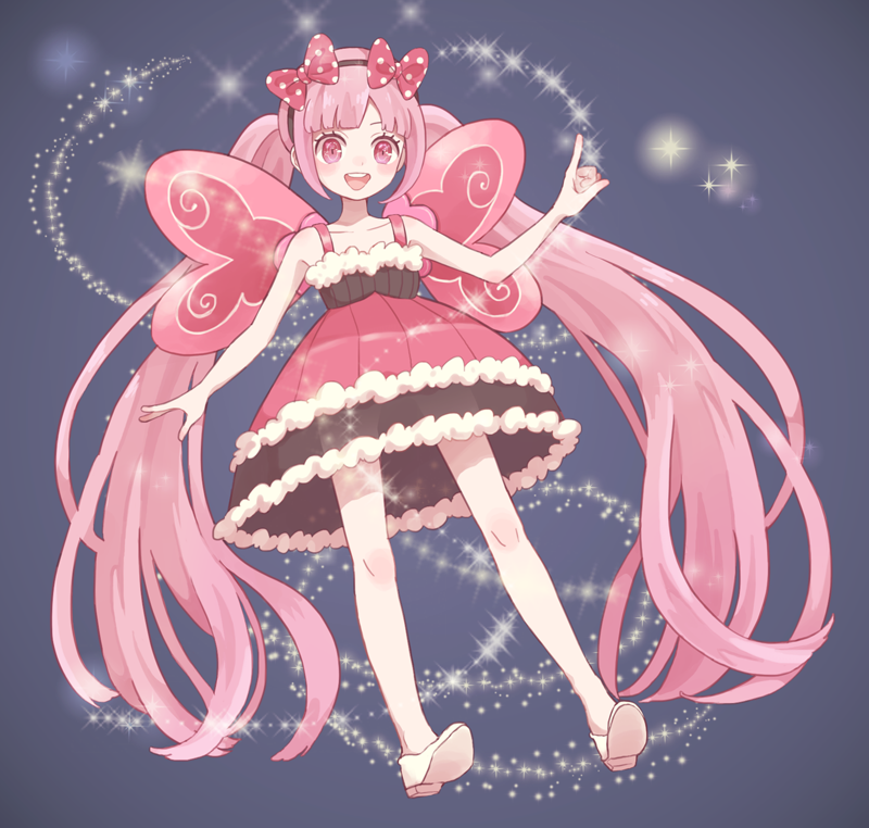 10s, 1girl, blush, bow, danganronpa_(series), danganronpa_another_episode:_ultra_despair_girls, dress, fake_wings, female_focus, hair_bow, hairband, long_hair, mikuni_(open-ranka), pink_eyes, pink_hair, smile, solo, twintails, utsugi_kotoko, very_long_hair, wings