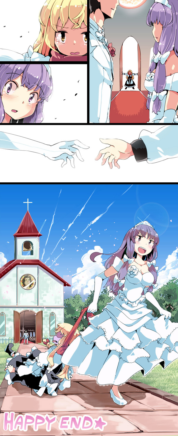 1boy, 2girls, aoi_kujira, apron, asphyxiation, bad_id, bad_pixiv_id, bell