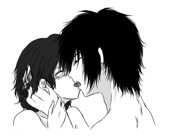 1boy, 1girl, akatsuki_no_yona, hak_(akatsuki_no_yona), hetero, kiss, monochrome, nude