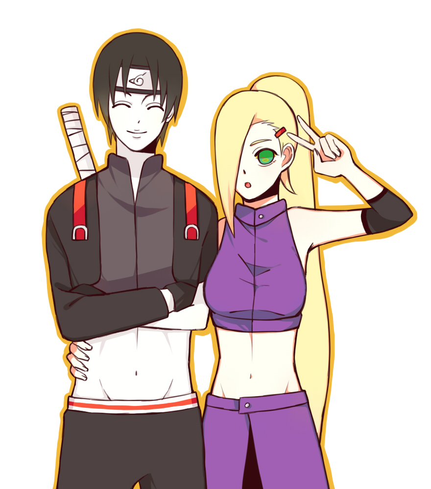 1boy, 1girl, arm_around_another's_waist, arm_up, bare_shoulders, black_hair, blonde_hair, closed_eyes