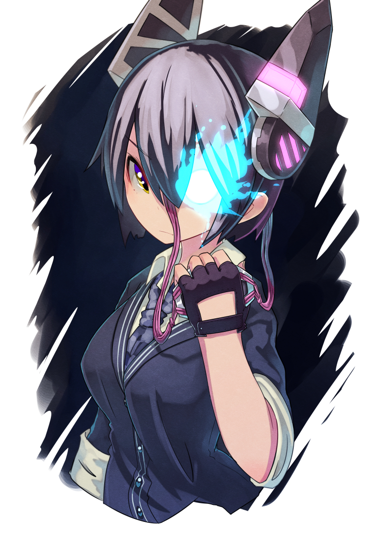 10s, 1girl, blazer, blouse, eyepatch, female_focus, fingerless_gloves, gloves, glowing, glowing_eye, hair_between_eyes, hashiro, headgear, jacket, kantai_collection, looking_at_viewer, necktie, purple_hair, removing_eyepatch, school_uniform, shirt, short_hair, solo, tenryuu_(kancolle), white_shirt, yellow_eyes