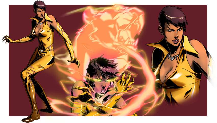 1girl, animal, border, breasts, brown_eyes, cleavage, dark_skin, dark-skinned_female, dc_comics, elbow_gloves, female_focus, glaring, gloves, glowing, glowing_eyes, highres, jewelry, mari_jiwe_mccabe, necklace, open_mouth, sabertooth_tiger, short_hair, solo, vixen_(dc)