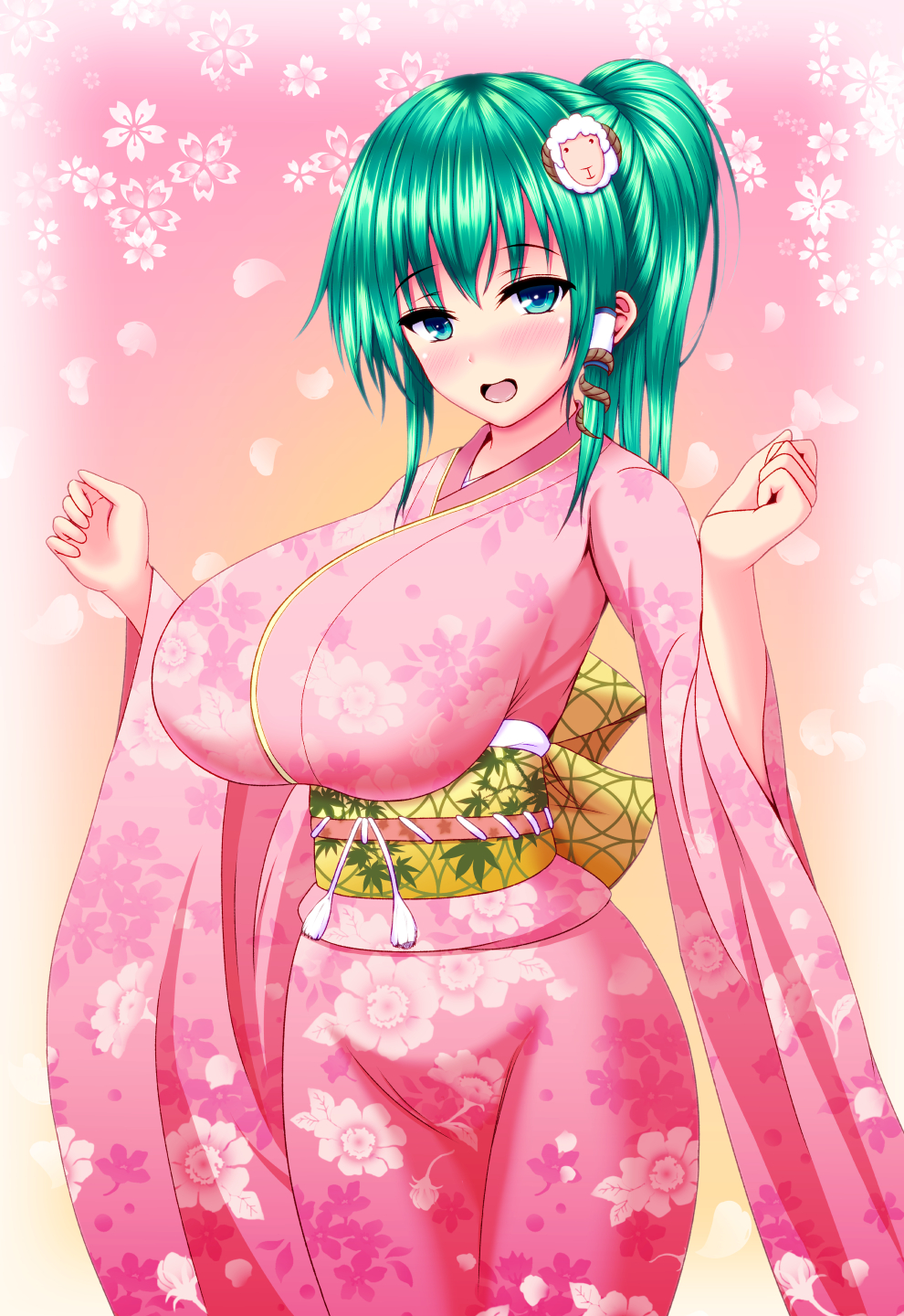 1girl, bad_id, bad_pixiv_id, blue_eyes, blush, breasts, commentary_request, cowboy_shot, female_focus, floral_background, floral_print, green_hair, groin, hair_ornament, hair_tubes, hands_up, highres, hip_focus, huge_breasts, japanese_clothes, kimono, kochiya_sanae, nengajou, new_year, obi, open_mouth, petals, pink_background, ponytail, rope, sash, sheep_hair_ornament, sibamura, solo, thighs, tongue, touhou